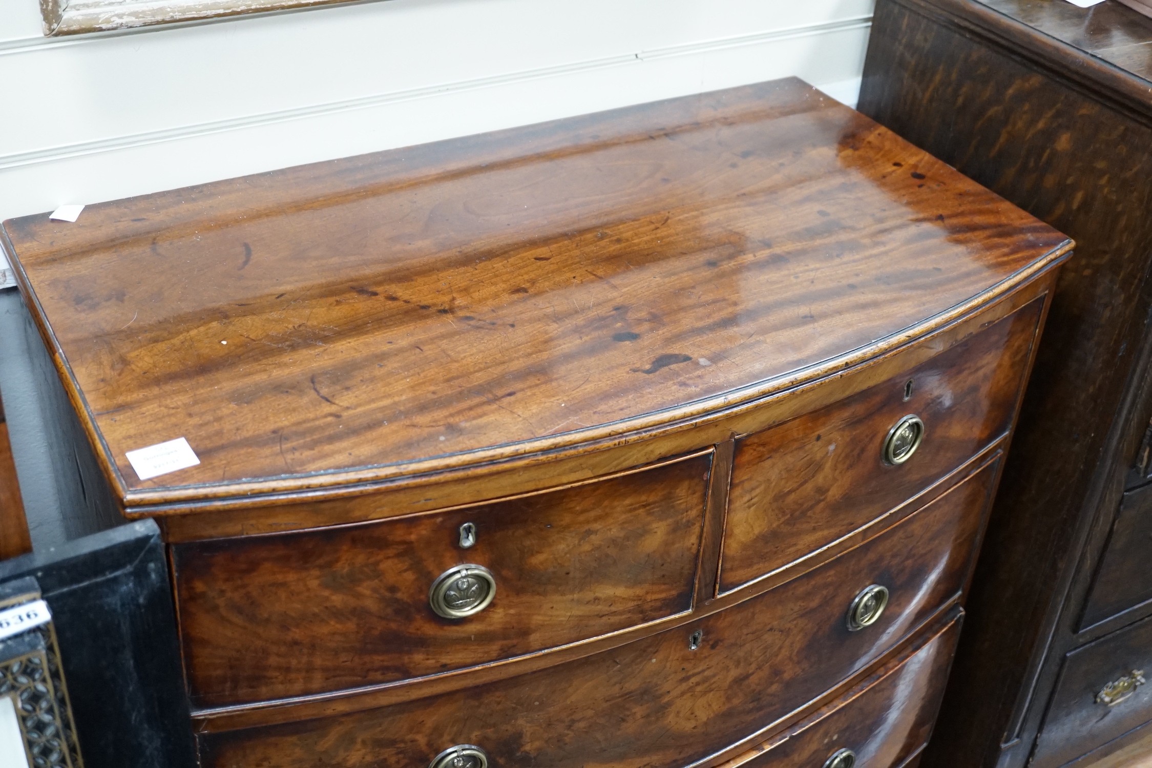 An early 19th century mahogany four drawer bowfront chest, width 88cm *Please note the sale commences at 9am.